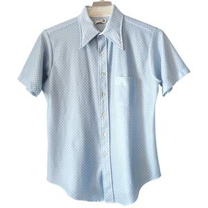 70s Bonds Disco Polka Dots Button Shirt Large 16.5 Rockabilly Blue Dagger Collar